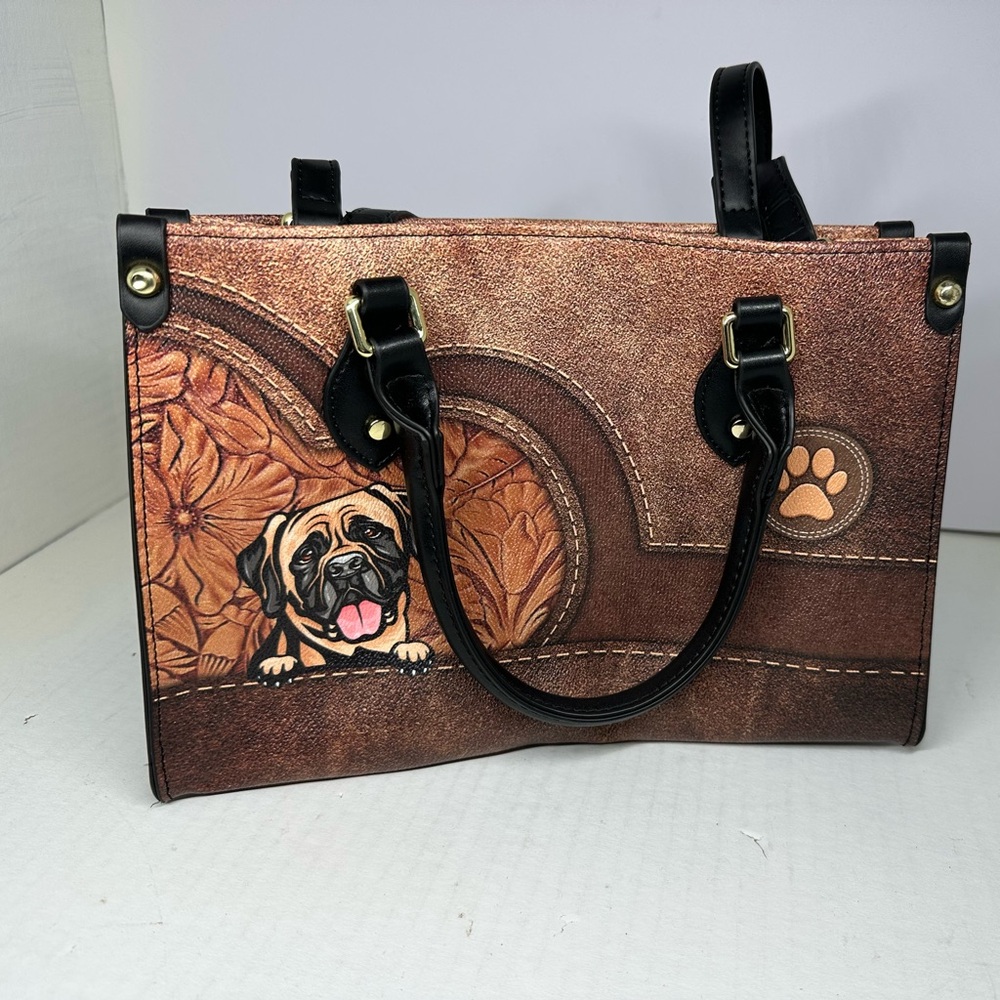 Western tooled leather look with floral and paw print design featuring Boxer pup